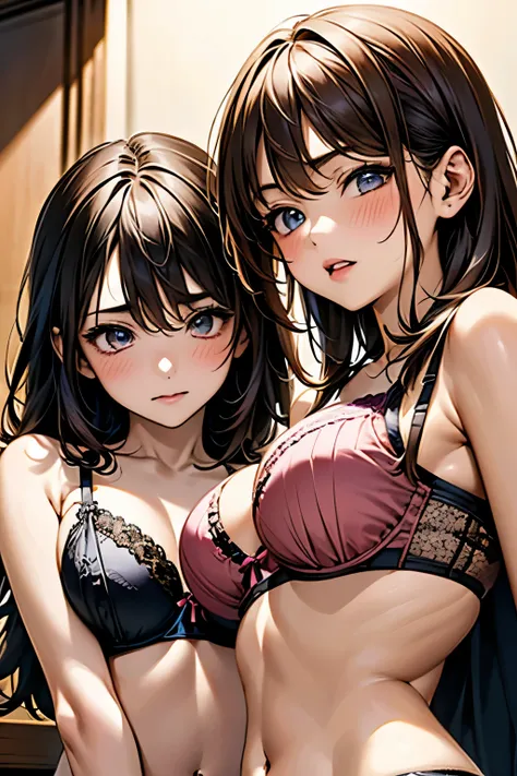 masterpiece, best quality, ultra-detailed, beautiful detailed eyes, jitome, (2girls:1.6), (mid breast, bra, panties, from below), blush, pout, open wavy mouth, close up eyes,, standing straight, cleavege,