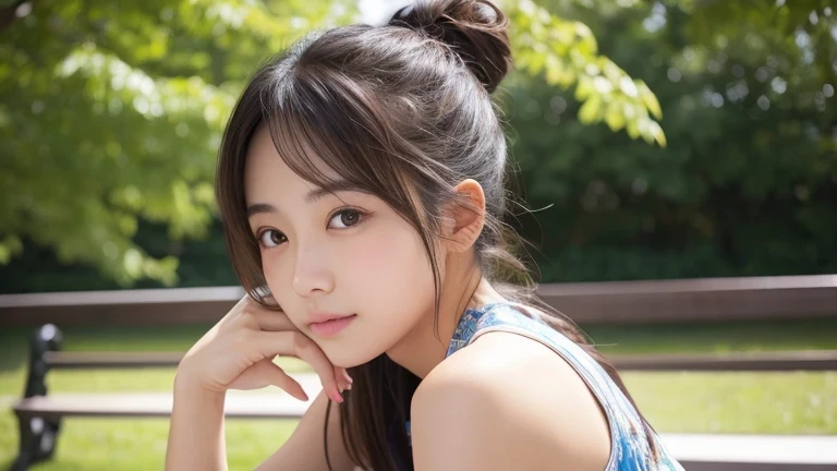 Produce the highest quality and highest resolution 8K images。Please draw the upper body of a 20 year old Japanese woman.。Please draw an image of someone sitting on a park bench looking up at the sky.。She has brown eyes and a model figure.、She has an idol-l...