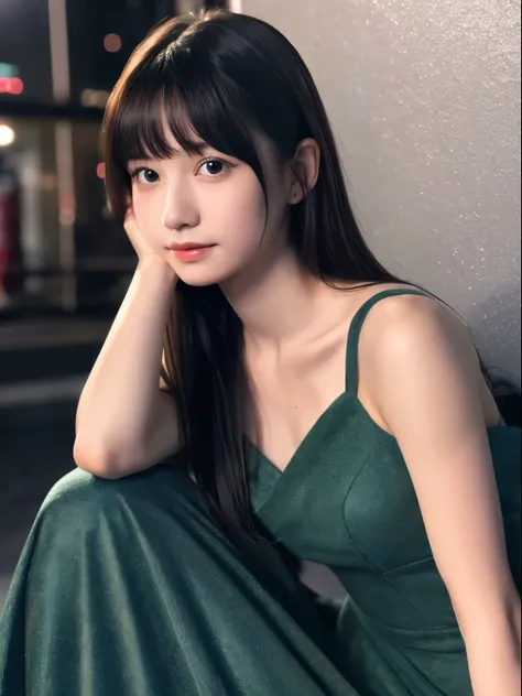 (8k, Top quality, Masterpiece:1.2), (Realistic, photo-realistic:1.37), Super detailed, perfect anatomy, cute, small eyes, Maxi dress, 18-years old, a Japanese, girl, at night,