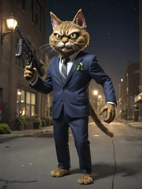 plants vs. zombies style, anthropomorphic furry cat in a hanger suit carrying a tommy gun in a nighttime chicago street.