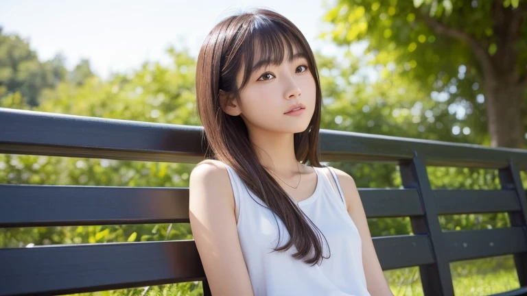 Produce the highest quality and highest resolution 8K images。Please draw the upper body of a 20 year old Japanese woman.。Please draw an image of someone sitting on a park bench looking up at the sky.。She has brown eyes and a model figure.、She has an idol-l...