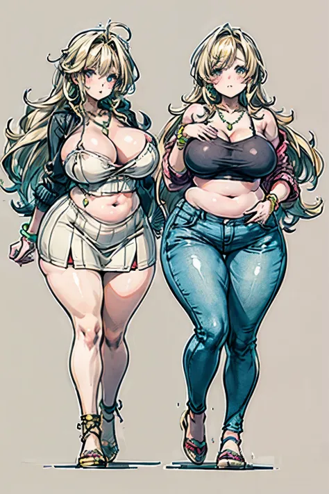 Plus size anime girl with long blonde in a skin tight minidress with a low cut neckline. 
Beautiful plus size anime girl, fashionable overweight girl, pretty, large breasts, wide hips, big tummy, large stomach, cute stomach bump, fashion, outfit, cool pret...