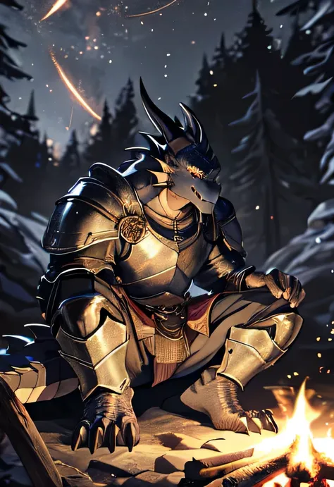 solo, kemono, (dragon), anthro, male, ((black body)), scales, tail, muscles, handsome, armor, medieval, fantasy, outdoors, outside, dark, night, forest, campfire, camp, stars, sitting, toe claws, epic, depth of field, perfect lighting, (light particles),(b...