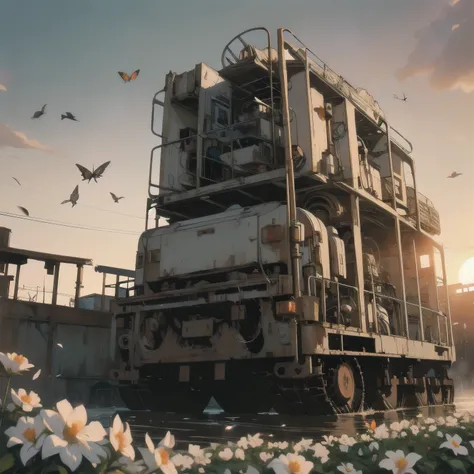 Detailed Machinery、Abandoned Factory、Atrium、(((White Flower Field)))、(((Rusty heavy equipment)))、Gorgeous light leaks、(((Sunset)))、fog、Detailed Background、Highest quality、(((No humans)))、Broken heavy machinery、Complex heavy machinery、Faint lighting、(((Flut...