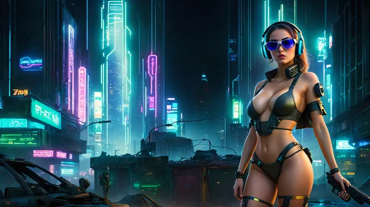 dark futuristic landscape, at night, neon lights, Atmospheric fog, large buildings in the background, futuristic city, streets with open shops, skyscraper (postapocalyptic city:1.3). (((1girl, solo, alone))), large-breast:1.2 slim body, cleavage:1.1, sexy ...