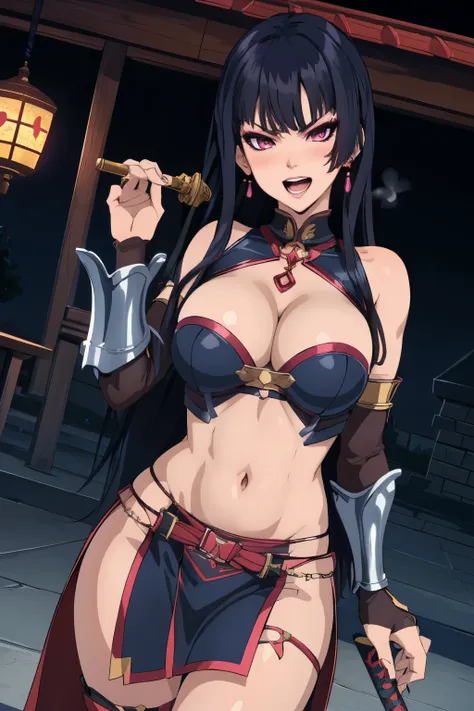 nyotengu, long hair, blush, lipstick, jewelry, earrings, Hot girl, baddie, staring, glaring, bad attitude, mean girl, dare, angry, hate, crazy, smoking, sensual, attractive, blush, lipstick, masterpiece, best quality, highly detailed, fantasy , a anime gir...