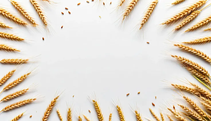 white background, stalks and grains of wheat scattered across the corners of a white background