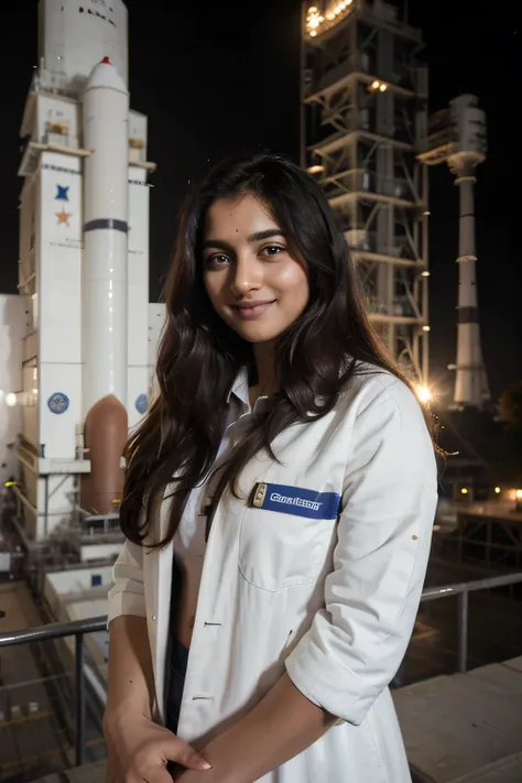 ((best quality)), ((masterpiece)), (detailed), 
A 21 year old beautiful Indian girl with long hair smiling face beautiful eyes wearing suit coat pant dark working in space research centre large telescope 🔭 rocket under making background leading ISRO full p...