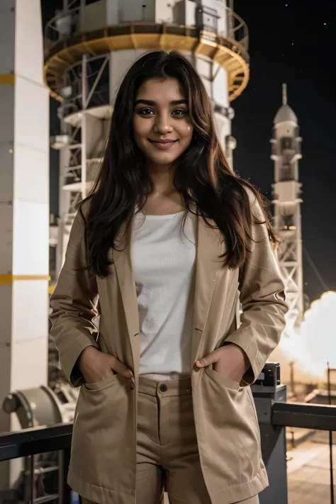 ((best quality)), ((masterpiece)), (detailed), 
A 21 year old beautiful Indian girl with long hair smiling face beautiful eyes wearing suit coat pant dark working in space research centre large telescope 🔭 rocket under construction background leading ISRO ...