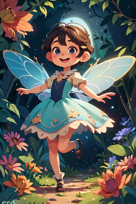 a small fairy, cute face, extremely detailed eyes and face, beautiful detailed lips, kind personality, full body, vector art, illustrator art style, with pretty dress, storybook character, front view, with short hair, cute hairstyle, interesting hairstyle,...