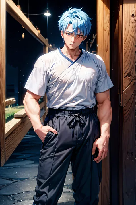 Anime man, he is putting his hands in his trouser pockets, he has orange eyes and has blue hair, then he wears a high  in Japan and wears short sleeves, he has somber eyes, and there are some wounds on his arms, he seems to be a dashing and brave man, but ...