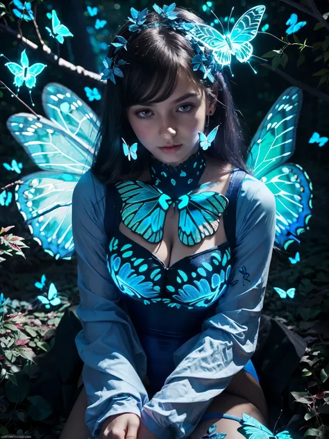 1girl, wearing great medieval european style leotard, intricate puffy long sleeve, pointy ear, detailed face, looking at viewer, delicate crown, cleavage, line earring, (a glowing blue tree:1.4), (glowing blue leaves:1.4), (glowing blue butterflies:1.4), i...