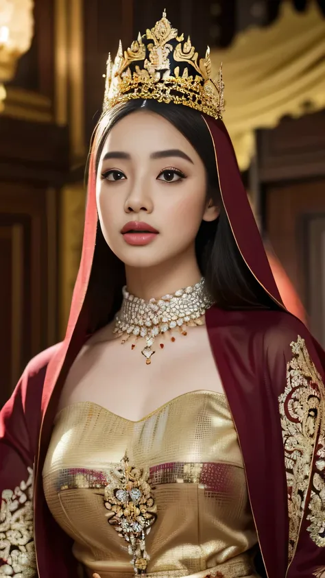 (best quality,4k,highres,masterpiece:1.2),ultra-detailed,realistic:1.37,beautiful and regal javanese queen with hijab,dark and l...