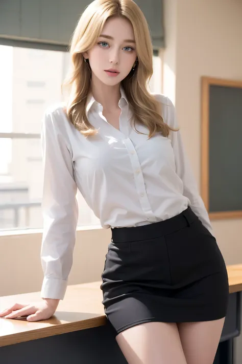 female teacher wearing a white shirt and a black tight skirt, blonde hair and blue eyes, in a classroom