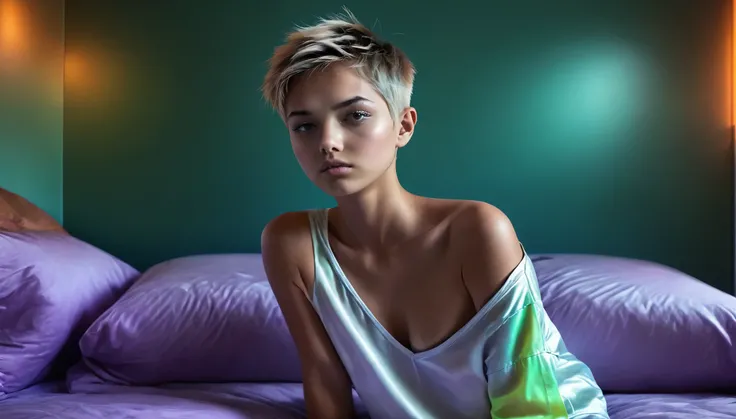 Top Quality, Masterpiece, High Resolution, 8k, ((Teenager, 16 Years Old)), ((tomboy girl in short silky oversized huddie with plunging neckline under the armpits und satin shorts, side boob, wide neckline, deep neckline)), (bare belly, small perky breasts,...