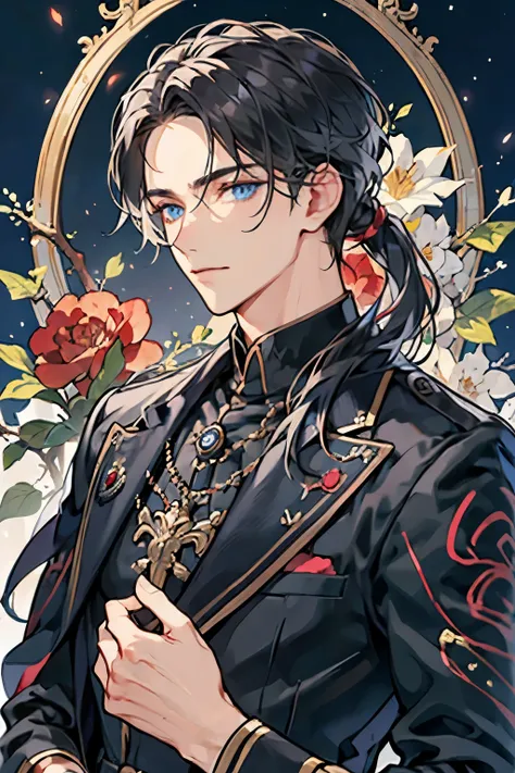 Masterpiece, high quality, Single male, Ethereal, strong, handsome, masculine, portrait, Russian, long wavy grey hair, NO bangs, show forehead, black skin, blue eyes, piercing eyes, colorful, blue colors, black colors, Spetsnaz uniform, military uniform, n...