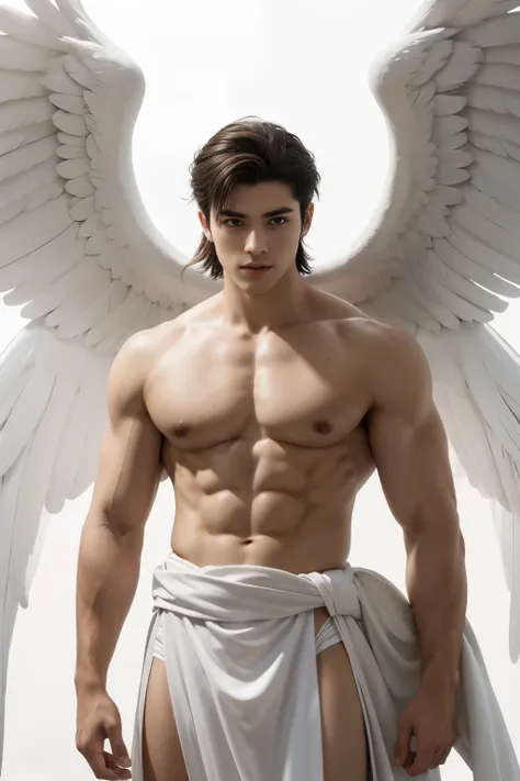 Describir en detalle la figura de un hombre, Archangel with angelic features turned completely to the left. torso denudo, grandes musculos, Como el pelo blanco, largo y liso, Las alas blancas y angelicales en su espalda, as well as its extremely striking b...