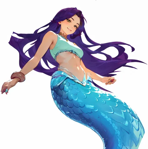 masterpiece, best quality:1.2), 1 Girl, Smile, Looking at the audience, Brown hair tied into a bun，Use a hairpin, Golden Eyes, Colorful hair, Mermaid, multicolored Mermaid tail, Lying on the beach, Fin ears, Head fin, shell, orchid