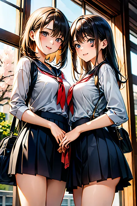 masterpiece、Best Quality、Super detailed、Beautiful Eyes、Jitome、 (2 girls:1.6)、((The woman on the right has straight, black hair down to her shoulders.、The woman on the left has short blonde hair.))、Big Breasts、(High school girl wearing traditional Japanese ...