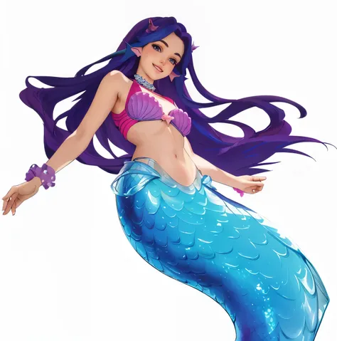 masterpiece, best quality:1.2), 1 Girl,Pretty Face， Smile, Looking at the audience, Purple long hair，Pink swimsuit， , blue eyes,   Mermaid, multicolored Mermaid tail, Lying on the beach, Fin ears, Head fin, shell, orchid