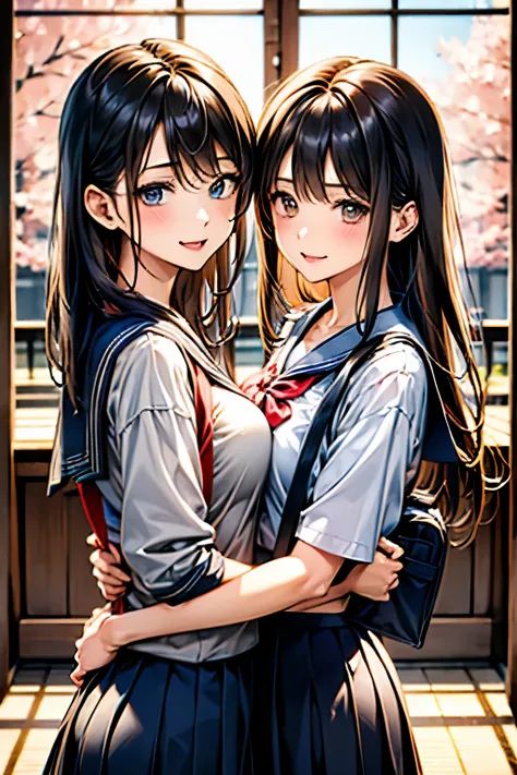masterpiece、Best Quality、Super detailed、Beautiful Eyes、Jitome、 ((2 girls:1.6))、((The woman on the right has straight, black hair down to her shoulders.、The woman on the left has short blonde hair.))、Big Breasts、(High school girl wearing traditional Japanes...