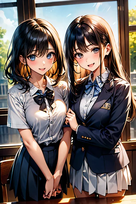 masterpiece、Best Quality、Super detailed、Beautiful Eyes、Jitome、 ((2 girls:1.6))、((The woman on the right has straight, black hair down to her shoulders.、The woman on the left has short blonde hair.))、Big Breasts、High school girl in modern Japanese 。(white b...