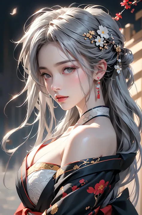 ((Picture from the waist up:1.3))super high quality, masterpiece, Perfect illustration, Very detailed (Exquisite light and shadow, Very dramatic photo,Backlight) , ((Gray Hair:1.5))1 Girl,(( alone:1.6)), (Wearing Japanese clothes, Black and white kimono,Mo...