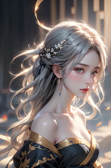 ((Picture from the waist up:1.3))super high quality, masterpiece, Perfect illustration, Very detailed (Exquisite light and shadow, Very dramatic photo,Backlight) , ((Gray Hair:1.5))1 Girl,(( alone:1.6)), (Wearing Han clothes, Black Hanfu,Monotony,Long slee...