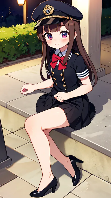 {Highest quality}, {Super beautiful},{Ultra fine},{Best illustration},Brown Hair,Hime cut,semi-long,Bangs,Standing Woman,Uniform cap,White Shirt,Short sleeve,Long black skirt,Night Park,Embarrassed,smilingly,Blushing,Slender women, A woman wearing plain bl...