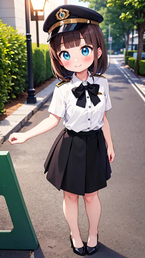 {Highest quality}, {Super beautiful},{Ultra fine},{Best illustration},Brown Hair,Hime cut,semi-long,Bangs,Standing Woman,Uniform cap,White Shirt,Short sleeve,Long black skirt,Night Park,Embarrassed,smilingly,Blushing,Slender women, A woman wearing plain bl...