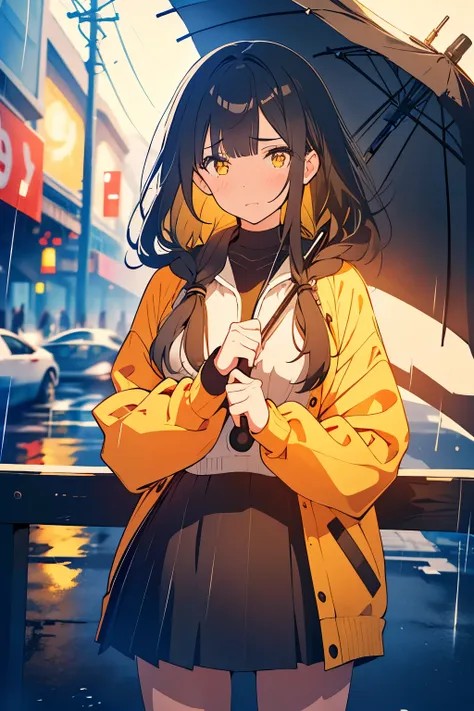 A girl, with long black hair, yellow eyes, wearing a black sweater and gray skirt, with a crying expression on her face, pose standing in the rain and holding umbrella, background is night city with rain weather, HD picture, good art AI, NO BLUR PICTURE. 