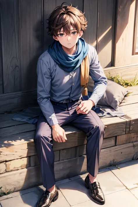 The same as Jibaku Shounen Hanako-kun, male gender, curly brown hair, slightly tired light brown eyes, pale skin, gray scarf, sky blue short sleeve shirt wearing under this navy blue long sleeve, Grey trousers, white shoes with blue soles, whole body 