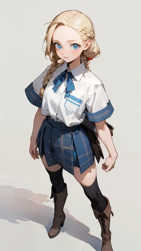 (masterpiece, best quality, super detailed, beautiful details eyes, Clean and delicate face), 1 lady, solo, (whole body, standing), Single Braided blonde pony tail, parted bangs, forehead, blue eye, slight smile, white short sleeve shirt, mini plaid skirt,...