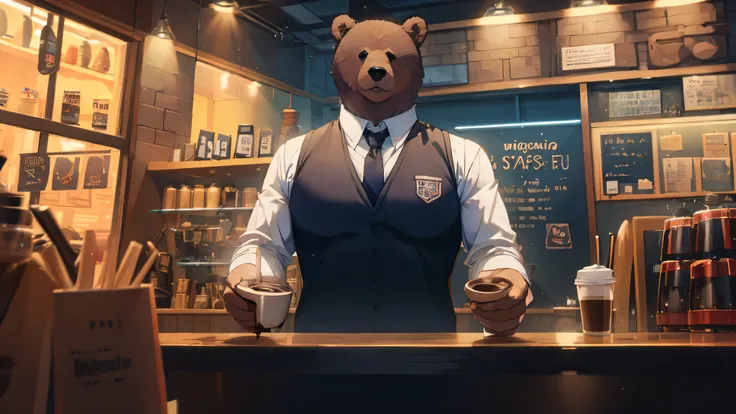 cartoon bear、anthropomorphic bear、big body、black vest、shirt、tie、pouring coffee, coffee shop, surrealism, uhd, accurate, super de...