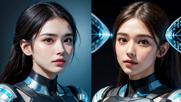 Split image: left side showing anatomical diagram of facial muscles creating dimples, right side showing DNA helix with dimpled faces, futuristic hologram style
