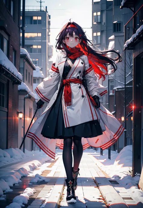 yuukikonno, Yuki Konno, hair band, Long Hair, Pointed Ears, Purple Hair, (Red eyes:1.5), (Small breasts:1.2),blush, smile,Open your mouth,white breath,scarf,Red long coat,V-neck sweater,Long skirt,Black Pantyhose,short boots,Fluffy gloves,Standing leaning ...