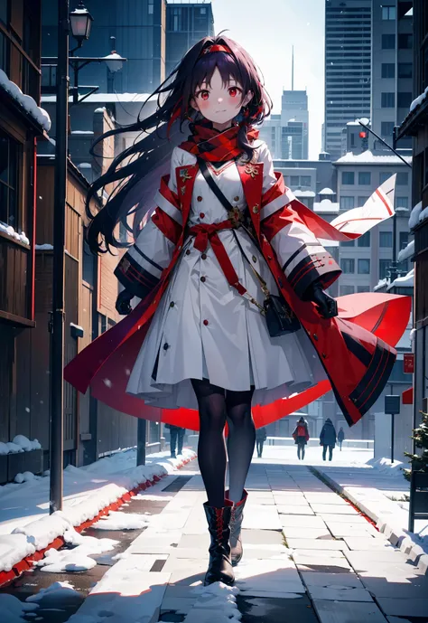 yuukikonno, Yuki Konno, hair band, Long Hair, Pointed Ears, Purple Hair, (Red eyes:1.5), (Small breasts:1.2),blush, smile,Open your mouth,white breath,scarf,Red long coat,V-neck sweater,Long skirt,Black Pantyhose,short boots,Fluffy gloves,Standing leaning ...