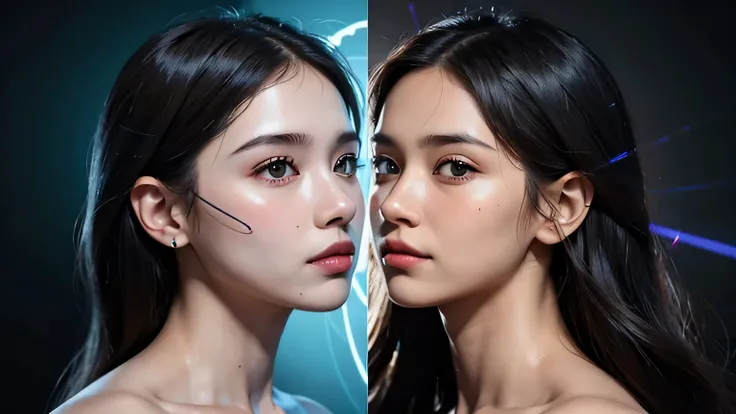 Split image: left side showing anatomical diagram of facial muscles creating dimples, right side showing DNA helix with dimpled faces, futuristic hologram style
