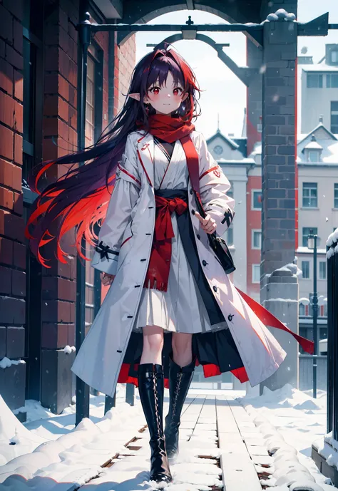 yuukikonno, Yuki Konno, hair band, Long Hair, Pointed Ears, Purple Hair, (Red eyes:1.5), (Small breasts:1.2),blush, smile,Open your mouth,white breath,Red Scarf,Purple long coat,V-neck sweater,Long skirt,Black Pantyhose,short boots,Standing leaning against...