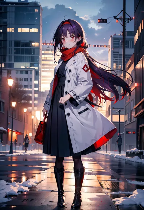 yuukikonno, Yuki Konno, hair band, Long Hair, Pointed Ears, Purple Hair, (Red eyes:1.5), (Small breasts:1.2),blush, smile,Open your mouth,white breath,Red Scarf,Purple long coat,V-neck sweater,Long skirt,Black Pantyhose,short boots,Standing leaning against...
