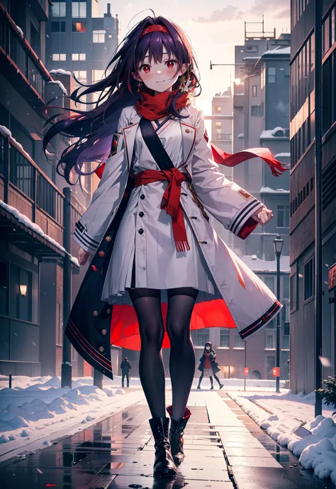 yuukikonno, Yuki Konno, hair band, Long Hair, Pointed Ears, Purple Hair, (Red eyes:1.5), (Small breasts:1.2),blush, smile,Open your mouth,white breath,Red Scarf,Purple long coat,V-neck sweater,Long skirt,Black Pantyhose,short boots,Snow is piling up,that&#...