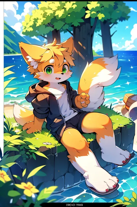 Furry,Fox,boy,8k resolution,最high resolution,                   high resolution,Seascape,In a hoodie,Green Eyes,summer