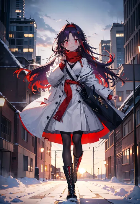 yuukikonno, Yuki Konno, hair band, Long Hair, Pointed Ears, Purple Hair, (Red eyes:1.5), (Small breasts:1.2),blush, smile,Open your mouth,white breath,Red Scarf,Purple long coat,sweater,Long skirt,Black Pantyhose,short boots,Snow is piling up,that&#39;it&#...