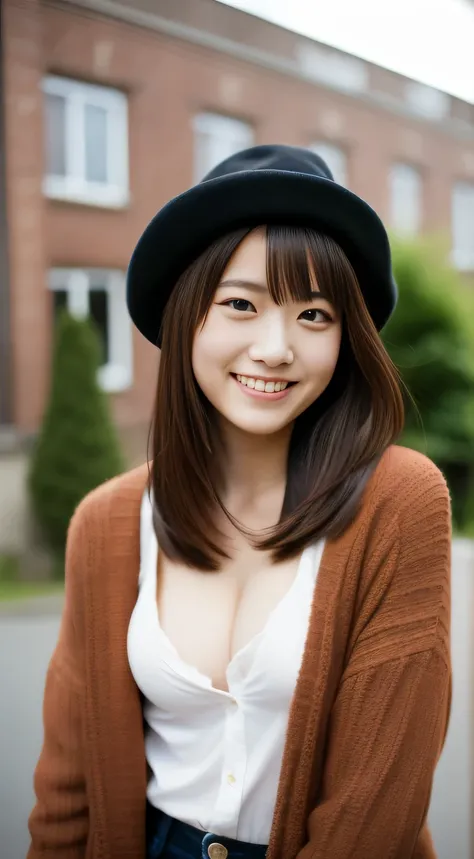 masterpiece,best quality,(Japanese ),((Beautiful girl)),cleavage,(perfect body beauty:1.2),(shy smile),beautiful teeth,(Blurred background of brick buildings),(hat),