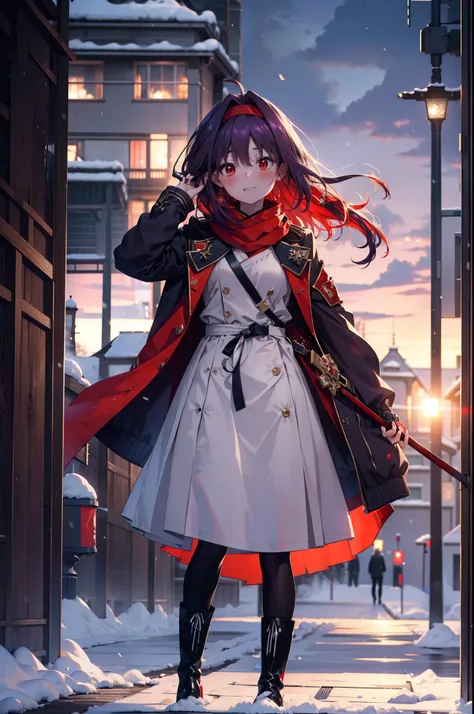 yuukikonno, Yuki Konno, hair band, Long Hair, Pointed Ears, Purple Hair,Ahoge, (Red eyes:1.5), (Small breasts:1.2),blush, smile,Open your mouth,white breath,Tokkuri Sweater,Red Scarf,Purple long coat,Long skirt,Black Pantyhose,short boots,Snow is piling up...