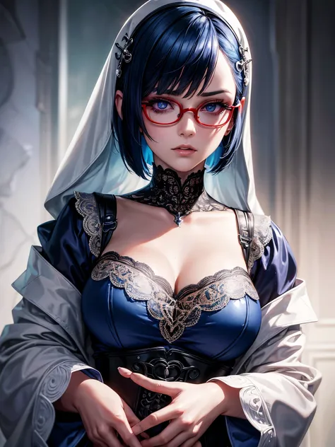 woman with blue bob haircut, baggy white clothes, gothic tattoos, male gangster priest with round red glasses, bored expressions, best quality, 4k, 8k, highres, masterpiece, ultra-detailed, realistic, photorealistic, photo-realistic, HDR, UHD, studio light...