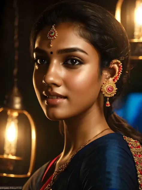 Full body portrait, Tamil girl, smile:0.6, high detail face, high detailed skin texture, inside dark room, only a bulb hanging over her head, 128K, HDR, high resolution, photo-realistic, cinematic lighting, depth of field, cool colors, midnight scenario, e...