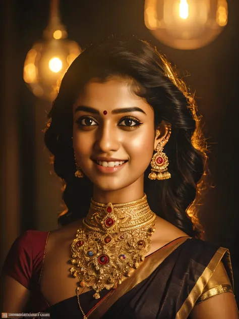 Full body portrait, Tamil girl, smile:0.6, high detail face, high detailed skin texture, inside dark room, only a bulb hanging over her head, 128K, HDR, high resolution, photo-realistic, cinematic lighting, depth of field, cool colors, midnight scenario, e...