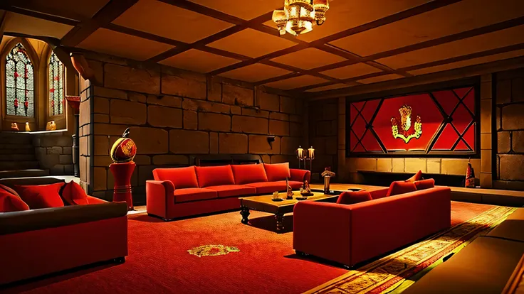 gryffindor common room,large chat room,stone wall,fantasy,middle ages,red sofa,fireplace,machine,stage,warmth,wide ceiling,red c...