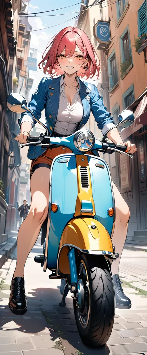 (masterpiece),(Highest quality:1.2),(Super detailed),(High resolution),(Highest quality),An illustration,8k,wallpaper,One female,Woman galloping on a Vespa,(smile),Stylish clothing